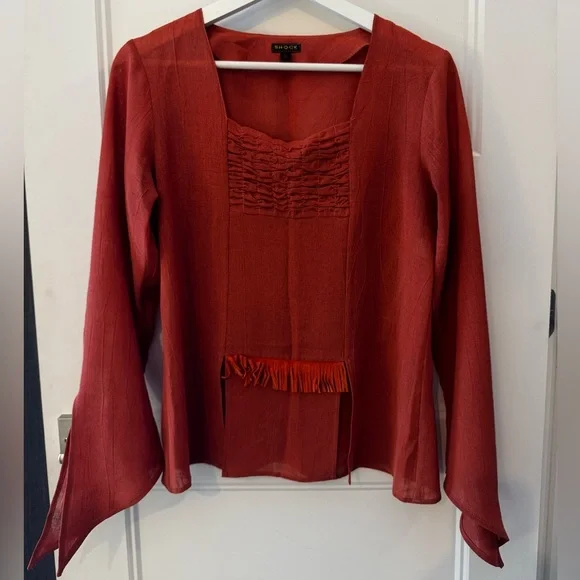 90s LINEN Terracotta/Rust Fairycore/Boho Bell Sleeve Top Rushed fringe XS/S/M - Picture 3 of 8